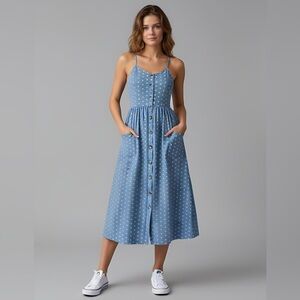 Polka Dot Button Front Cami Dress With Pockets Blue
